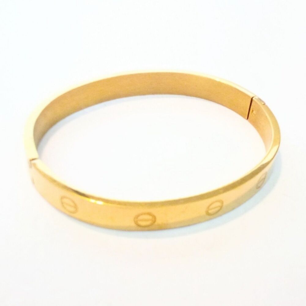 Gold Tone Embossed Screw Design Hinged Bangle Bracelet